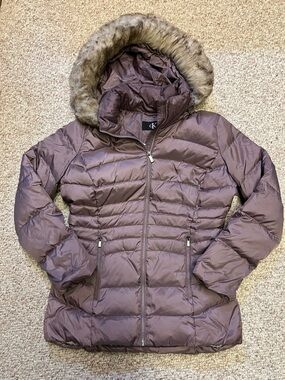 Calvin Klein Mauve Quilted Hooded Puffer Jacket with Faux Fur Trim